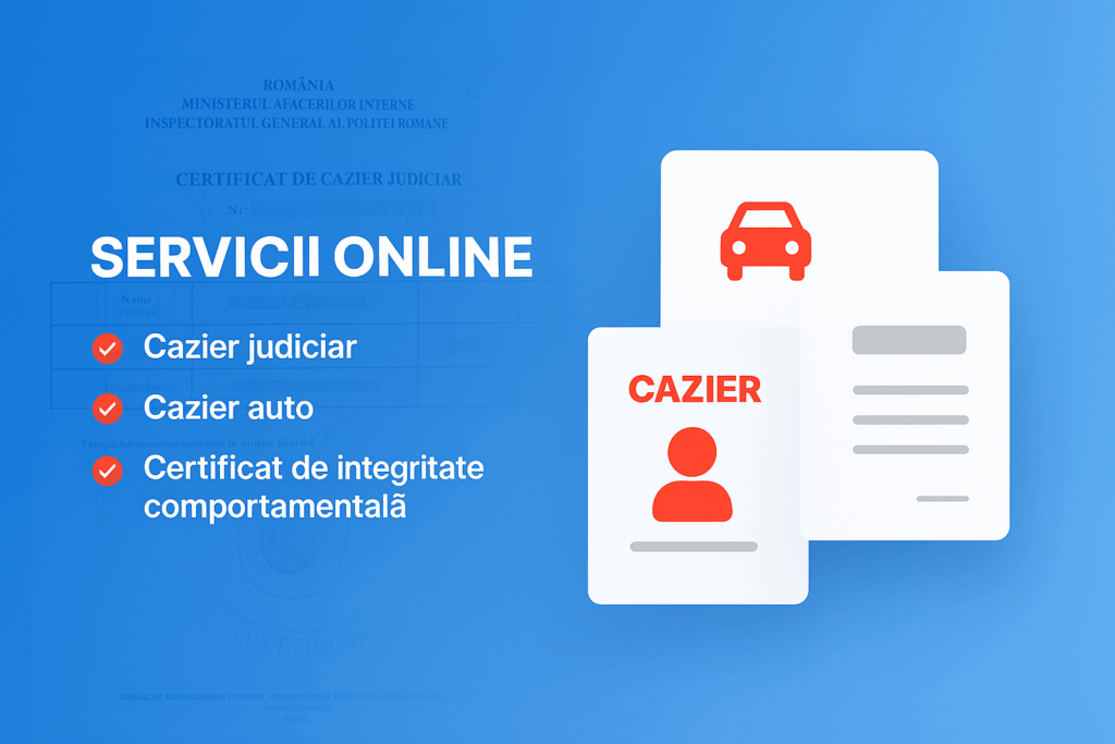 Grafic albastru cu pictograme reprezent&acirc;nd documente și o mașină, care evidențiază serviciile online: "Cazier judiciar," "Cazier auto," și "Certificat de integritate comportamentală," și facilitarea eliberării rapide a cazierului judiciar online.