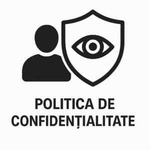 Icoana unei persoane și a unui scut cu un ochi, deasupra textului &icirc;n limba rom&acirc;nă "Politica de Confidențialitate" &icirc;nsemn&acirc;nd "Privacy Policy.