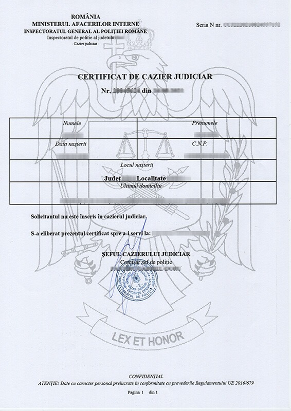 Formular de certificat de cazier judiciar rom&acirc;nesc cu c&acirc;mpuri libere pentru date personale, ștampile oficiale și &icirc;nsemne, folosit pentru eliberare cazier judiciar sau eliberare cazier judiciar online de către Poliția Rom&acirc;nă.